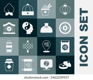 Set Chinese tea ceremony, New Year, Yuan currency, Asian noodles bowl, Yin Yang symbol, Gong musical instrument, Peach fruit or nectarine and Dumpling icon. Vector
