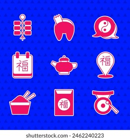 Set Chinese tea ceremony, New Year, Gong musical instrument, ice bowl with chopstick, Yin Yang symbol and Firework icon. Vector