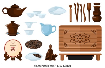 Set chinese tea ceremony on white background. Kit kettle, cups, puerh, scoop, gaiwan, chahai, chaban, chaju, needle, strainer, cha dao, tongs, funnel vase brush in style flat vector illustration