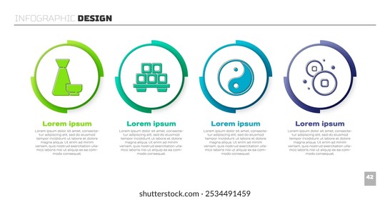 Ceremonia de té chino, sushi en tabla de cortar, Yin Yang y moneda Yuan chino. Plantilla de infografía de negocios. Vector