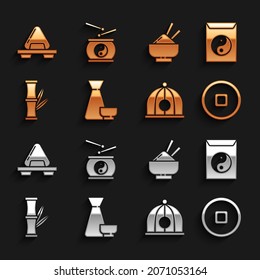 Set Chinese tea ceremony, Yin Yang and envelope, Yuan currency, hat, Bamboo, Rice bowl with chopstick, Sushi cutting board and drum icon. Vector