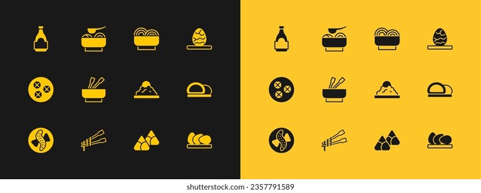 Set Chinese tea egg, Food chopsticks with noodles, Rice bowl, Zongzi bamboo steamer, Asian, Soy sauce bottle and Ramen soup icon. Vector