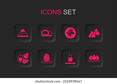 Set Chinese tea egg, Sushi, Rice bowl, Cup of, Zongzi bamboo steamer, Dumpling,  and Chicken with vegerables icon. Vector