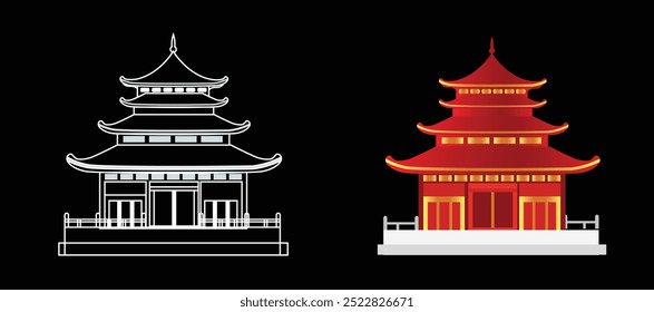 set of Chinese Temple vector illustration on black Isolated