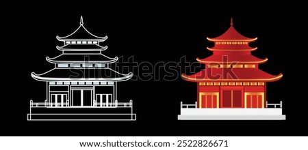set of Chinese Temple vector illustration on black Isolated