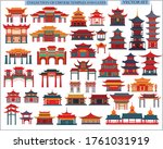 Set of Chinese temples, gates and traditional buildings on a light gray background