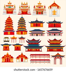 Set of Chinese temples, gates and traditional buildings on a light gray background	