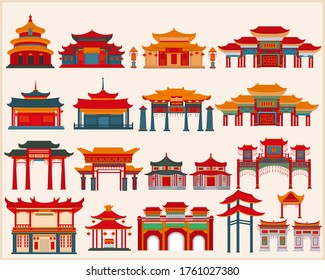 Set of Chinese temples, gates and traditional buildings on a light gray background