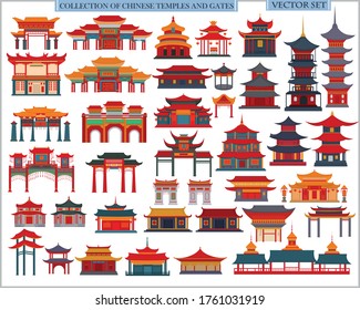 Set of Chinese temples, gates and traditional buildings on a light gray background