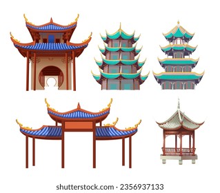 set of Chinese temples, gazebos and arches. Vector cartoon illustration