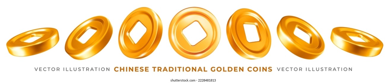 Set of Chinese traditional circular golden coins or cash with square hole in the center, drawing from different angles. Feng shui Good luck coins. Vector 3d illustration