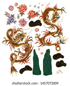 Set of Chinese traditional dragon, peonies and sakura. vector.