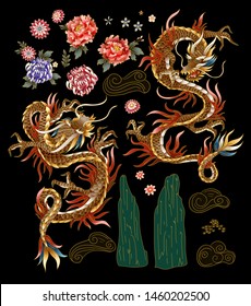 Set of Chinese traditional dragon, peonies and sakura. vector.