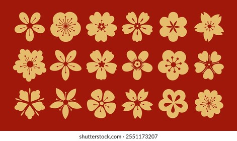 Set of chinese traditional flowers. Flat vector illustration.