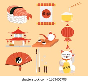 Set of Chinese traditional icons. Translation of hieroglyph on the flag - "Happiness", on the signs near the house - "Home", translation of hieroglyph on the coin in cat`s feet - "Maneki-Neko".