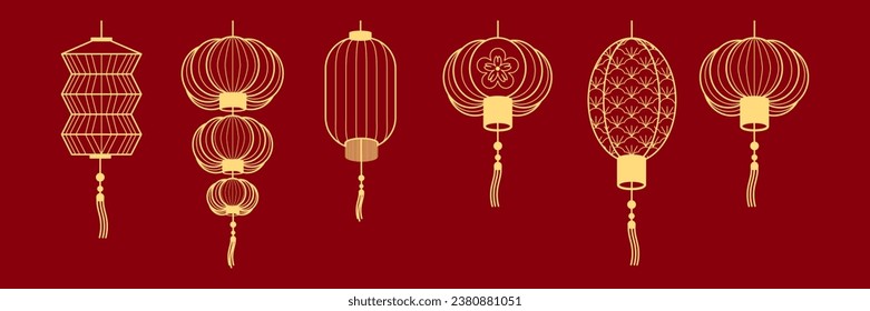 Set of Chinese traditional lanterns line art design. Vector decorative jewelry collection in Chinese and Japanese style for card, print, flyers, posters, merch, covers.