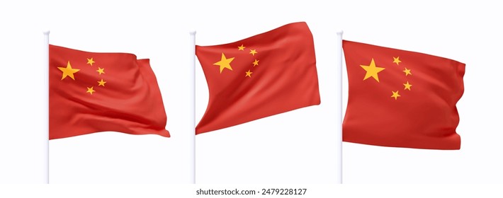 Set of Chinese waving flag on flagpole. Realistic 3d design flag flies on the wind on isolated white background. vector illustration