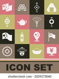 Set Chinese Yuan currency, China flag on flagpole, paper lantern, tea ceremony,  and or japanese folding fan icon. Vector
