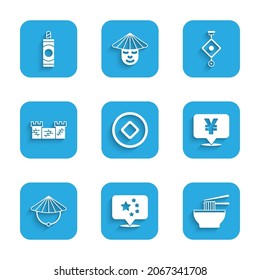 Set Chinese Yuan currency, China flag, Asian noodles bowl, conical straw hat, Great wall of, paper lantern and Firework icon. Vector