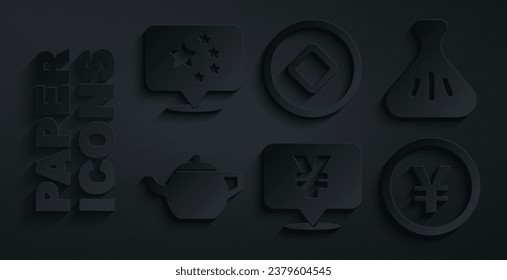 Set Chinese Yuan currency, Dumpling, tea ceremony,  and China flag icon. Vector
