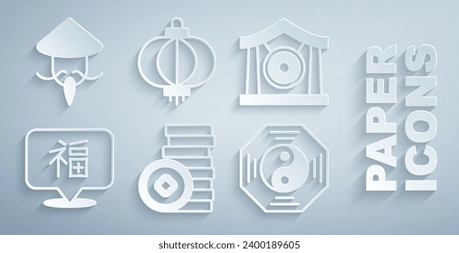 Set Chinese Yuan currency, Gong musical instrument, New Year, Yin Yang symbol, paper lantern and Asian or conical straw hat icon. Vector