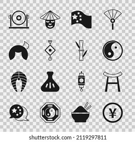 Set Chinese Yuan currency, Japan Gate, Yin Yang, China flag, paper lantern, fortune cookie, Gong and Bamboo icon. Vector