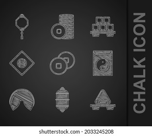 Set Chinese Yuan currency, paper lantern, Sushi on cutting board, Yin Yang and envelope, fortune cookie,  and  icon. Vector