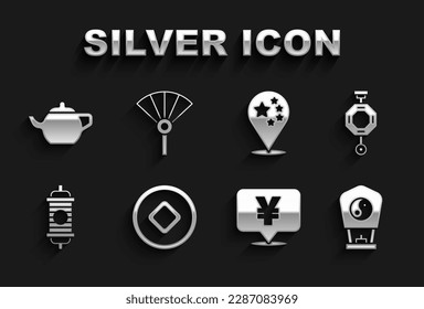 Set Chinese Yuan currency, paper lantern, China flag, tea ceremony and or japanese folding fan icon. Vector