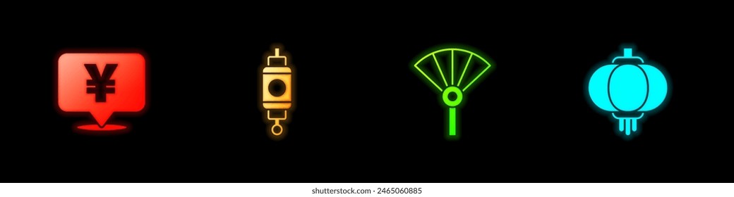 Set Chinese Yuan currency, paper lantern, or japanese folding fan and  icon. Vector