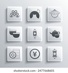 Set Chinese Yuan currency, paper lantern, tea ceremony, Sushi cutting board and conical straw hat icon. Vector