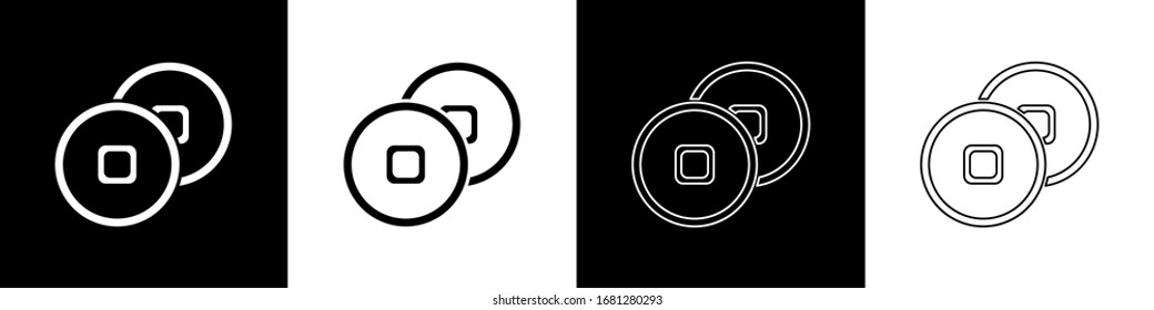 Set Chinese Yuan currency symbol icon isolated on black and white background. Coin money. Banking currency sign. Cash symbol.  Vector Illustration