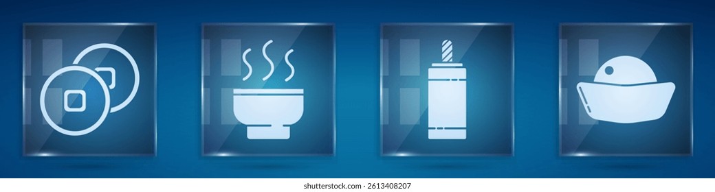 Set Chinese Yuan currency, Chinese tea ceremony, Firework and Sushi. Square glass panels. Vector