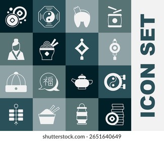 Set Chinese Yuan currency, Yin Yang symbol, paper lantern, fortune cookie, Asian noodles bowl, woman,  and  icon. Vector