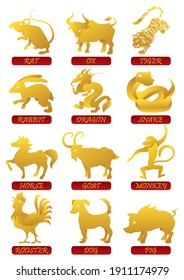 Set with the Chinese Zodiac animals in golden silhouettes: rat; ox, tiger, rabbit, dragon, snake, horse, goat, monkey, rooster, dog and pig.