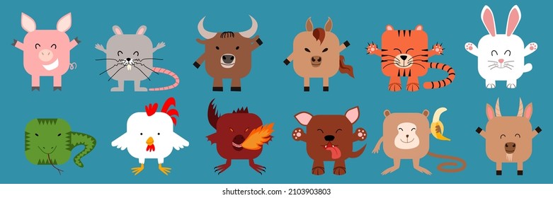 A set of Chinese zodiac animals of square shape with rounded corners.