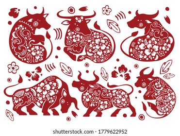 Set of Chinese zodiac characters. The year of the Ox. Vector traditional ornate papercut silhouettes illustration