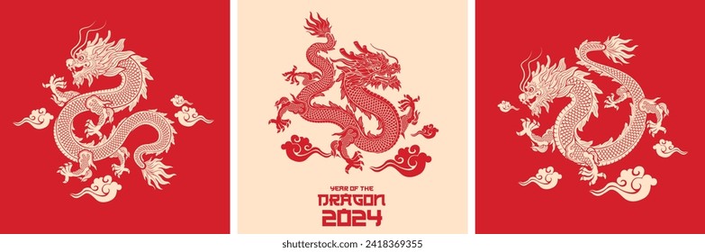 Set of Chinese zodiac dragon . 2024 Chinese New Year, year of the dragon