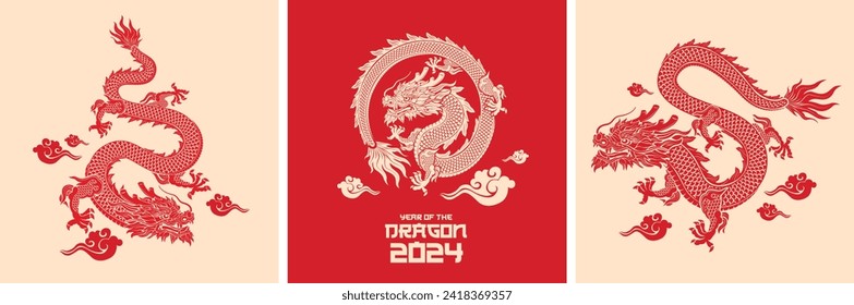 Set of Chinese zodiac dragon . 2024 Chinese New Year, year of the dragon