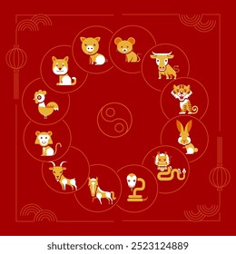 Set of Chinese zodiac mascots, cartoon character, 
Chinese horoscope zodiac collection,  geometric minimal flat design, symbol vector