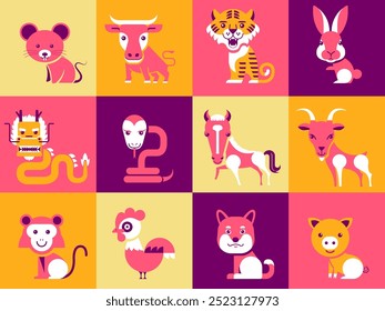 Conjunto de mascotas del zodiaco chino, personaje de dibujos animados, 
Colección del zodiaco del horóscopo chino, diseño plano mínimo geométrico, Vector del símbolo