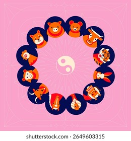 Conjunto de mascotes do zodíaco chinês, personagem de desenho animado, 
Coleção de zodíaco horóscopo chinês, design plano mínimo geométrico, vetor símbolo 