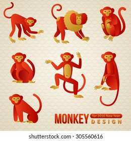 Set of Chinese Zodiac Monkeys. Vector illustration. 2016 New Year Symbol.