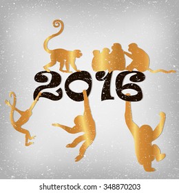 Set of Chinese Zodiac - Monkeys. Vector illustration. 2016 New Year Symbol. Golden Silhouette.