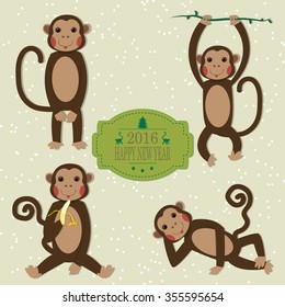 Set of Chinese Zodiac - Monkeys. Vector illustration. 2016 New Year Symbol. Greeting for New Year and Christmas.