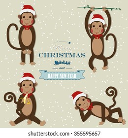 Set of Chinese Zodiac - Monkeys. Vector illustration. 2016 New Year Symbol. Greeting for New Year and Christmas.