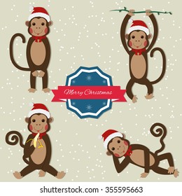 Set of Chinese Zodiac - Monkeys. Vector illustration. 2016 New Year Symbol. Greeting for New Year and Christmas.
