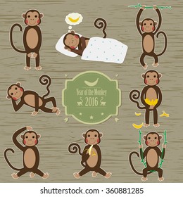 Set of Chinese Zodiac - Monkeys. Vector illustration. 2016 New Year Symbol. 