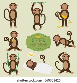 Set of Chinese Zodiac - Monkeys. Vector illustration. 2016 New Year Symbol. 