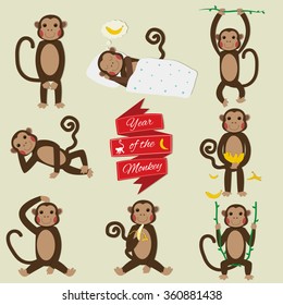 Set of Chinese Zodiac - Monkeys. Vector illustration. 2016 New Year Symbol. 