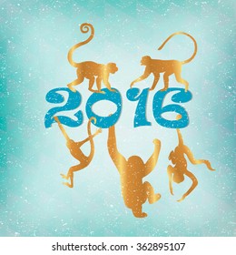 Set of Chinese Zodiac - Monkeys. Vector illustration. 2016 New Year Symbol. Golden Monkey Silhouette.